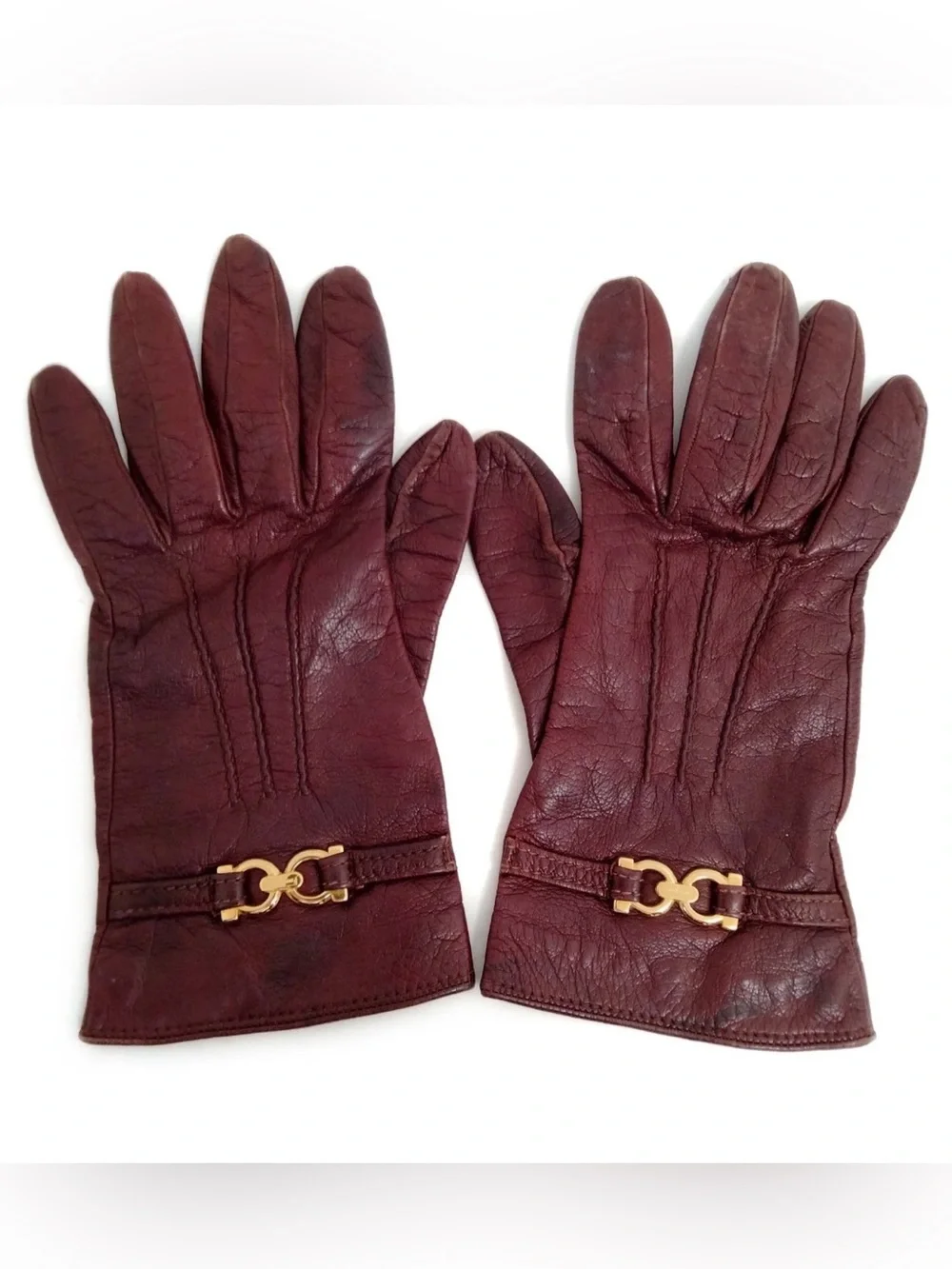 Salvatore Ferragamo Burgundy Leather Gloves Gancini Silk Lined Italy Size 7.5